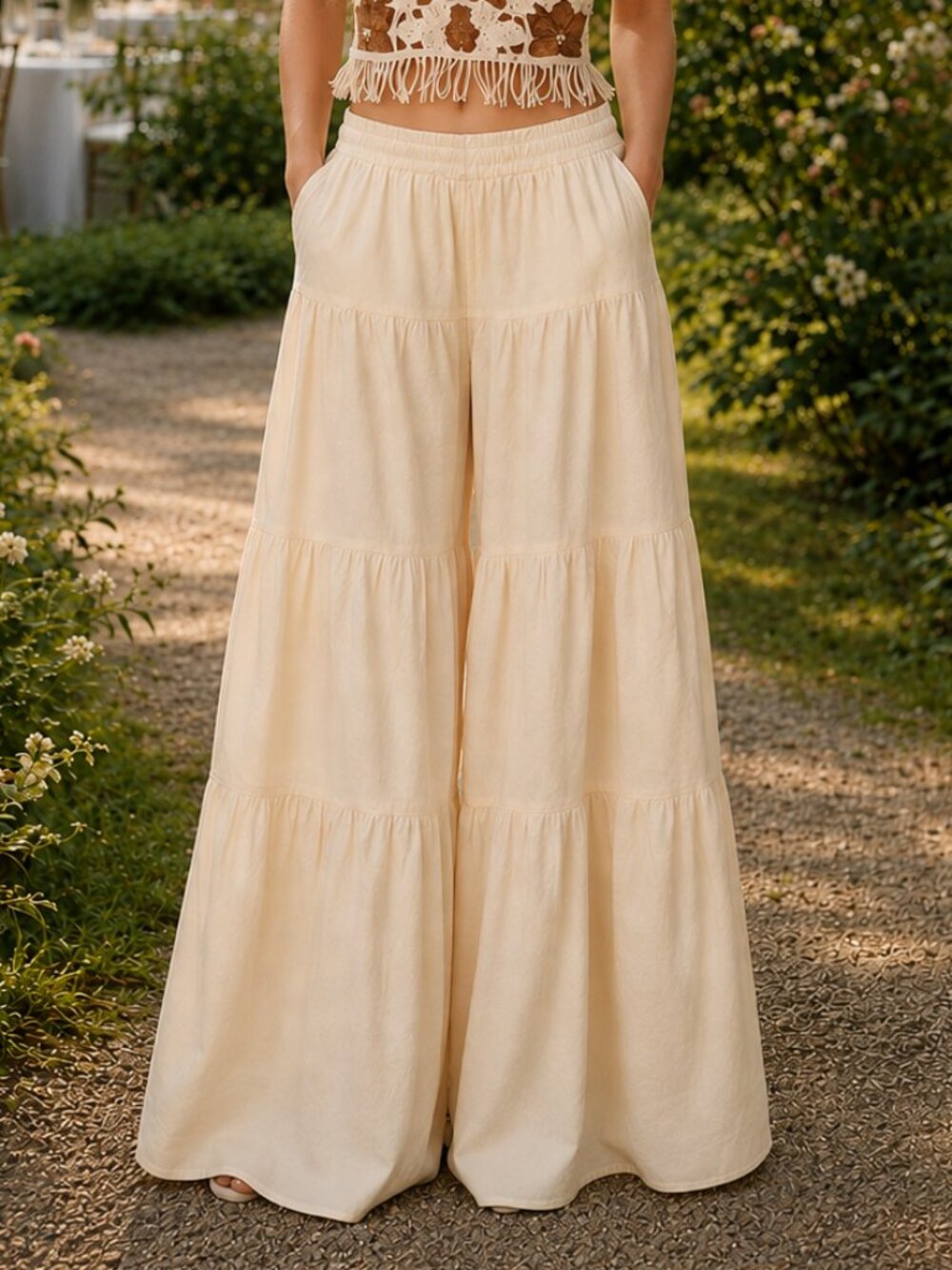 Breezy Airy Floral Jacquard 100% Cotton Tiered Ruffle Wide Flare Palazzo Pants